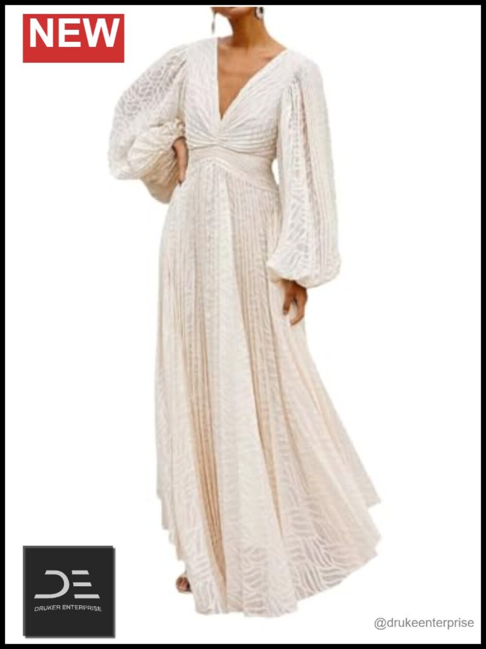 Jacquard Deep V Lantern Sleeve Ruched Tie Back Ruffle Hem A Line Maxi Dress